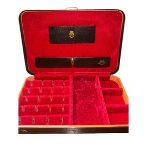VTG Mele Men Jewelry Box Travel Case Organizer Black Red Velvet Equestrian Crest
